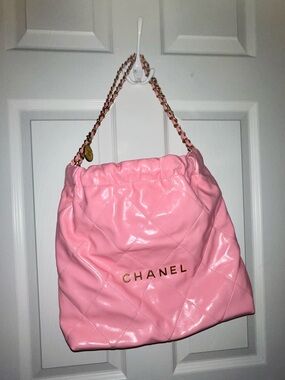 Pink Quilted Drawstring Shoulder Bag + Detachable Pouch Gold Chain